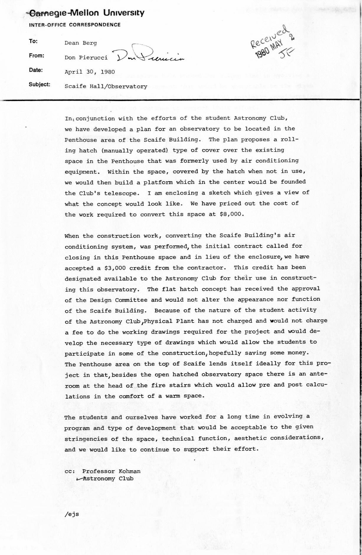 Letter detailing the observatory plans