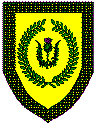 Ancient Arms: Or, a thistle, slipped and leaved, proper within a laurel wreath vert, all within a bordure sable, masoned Or.