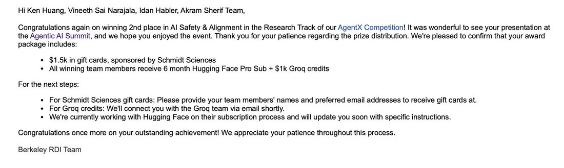 Berkeley RDI email confirming 2nd Place, AI Safety and Alignment, AgentX Competition Research Track
