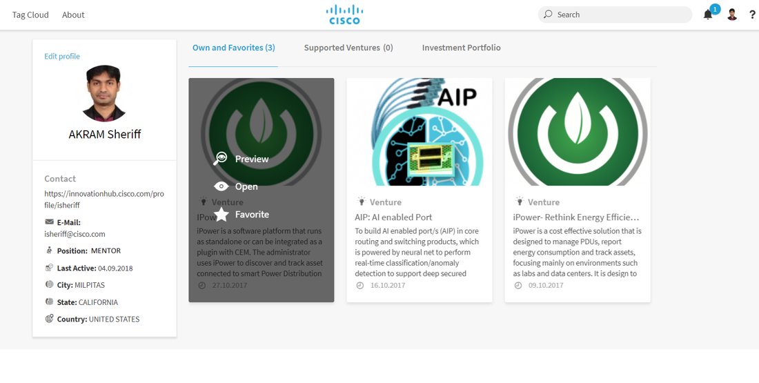 Cisco Innovate Everywhere Hub listing showing the iPOWER and AIP venture profiles owned by Akram Sheriff