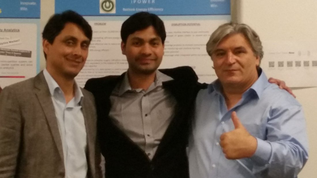 Akram Sheriff with two colleagues in front of the iPOWER poster at the Cisco IEC2 Global Intrapreneurship Contest (2017)