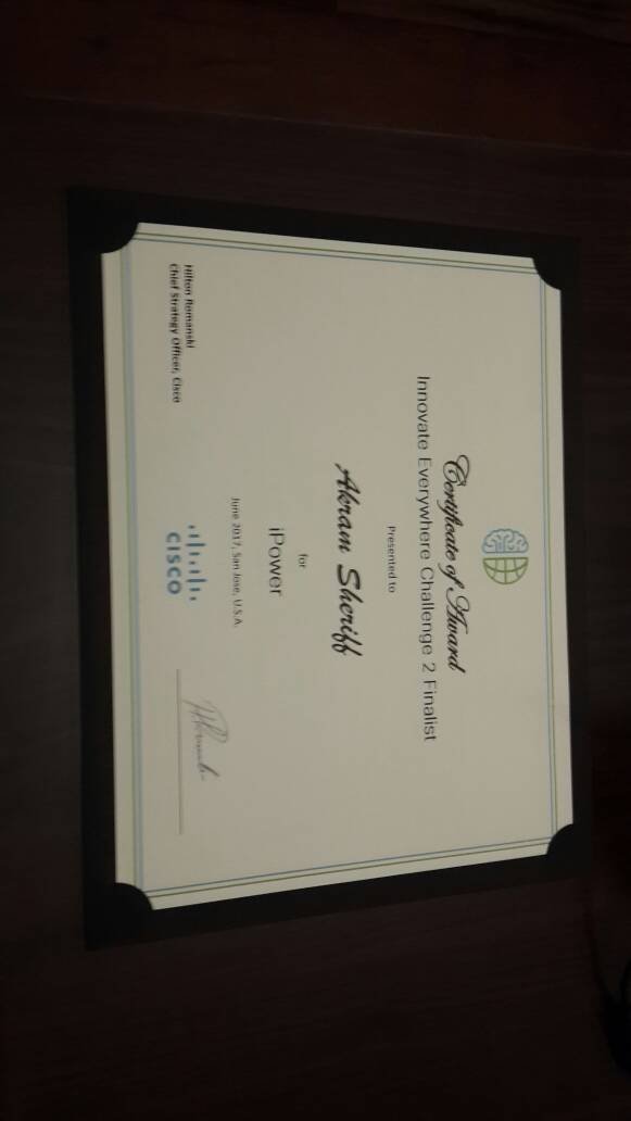 Cisco Innovate Everywhere Challenge 2 Award certificate for iPower, presented to Akram Sheriff