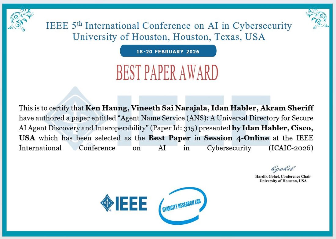 IEEE ICAIC-2026 Best Paper Award certificate for the Agent Name Service (ANS) paper