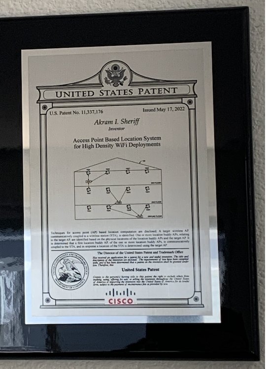 U.S. Patent No. 11,337,176 plaque, Access Point Based Location System for High Density WiFi Deployments