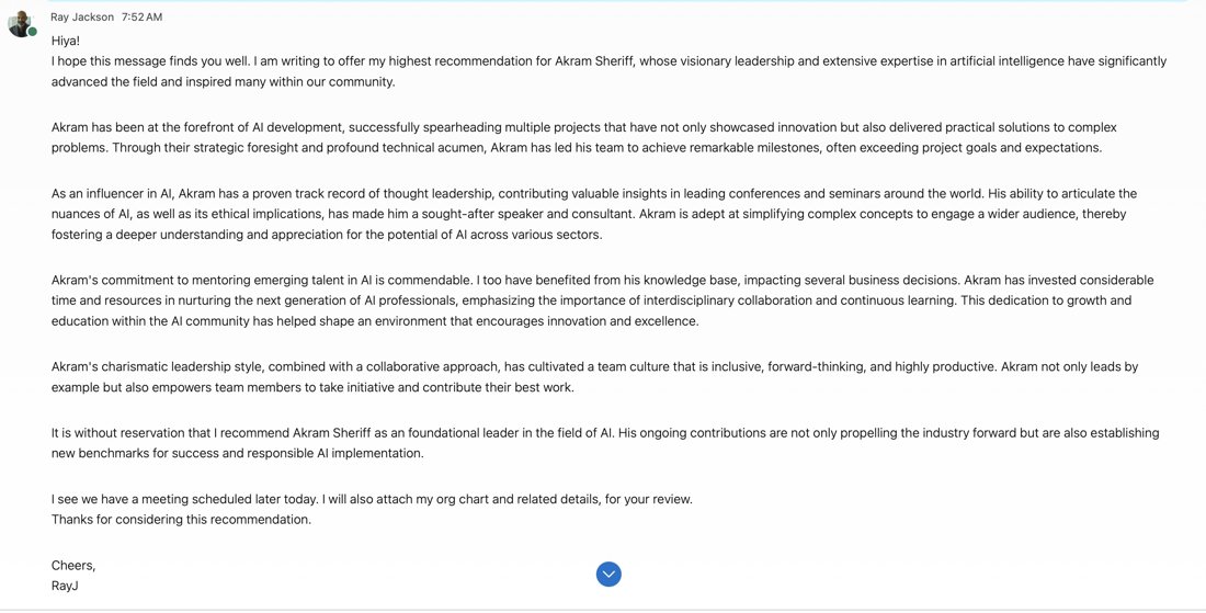 Written message from Ray Jackson, former Senior Director at Cisco Systems, recommending Akram Sheriff's AI leadership