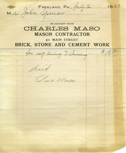 Charles Maso, Mason Contractor, 1927 bill