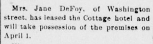 Mrs. Jane DeFoy leasing Cottage Hotel, 1901