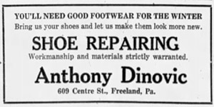 Dinovic Shoe Repair ad, 1924
