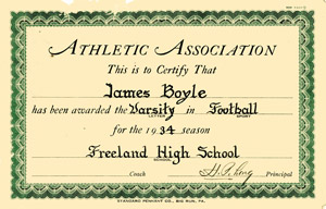 FHS Varsity Basketball certificate, 1934