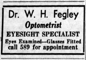Dr. Walter Fegley, Optometrist, 1956 ad