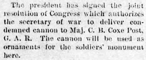 Congressman Hines requests cannon for Freeland, 1895