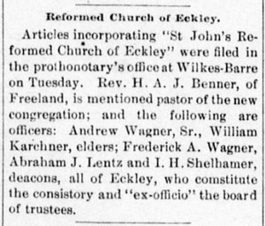 St. Johns Reformed Church of Eckley incorporated, 1894