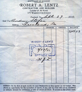 Robert Lentz receipt for full payment for a house in 1927