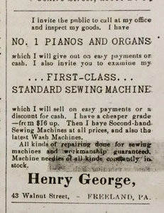 Henry George, pianos and sewing machines, 1894 ad