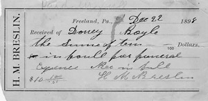 H. M. Breslin, undertaker, 1898 receipt