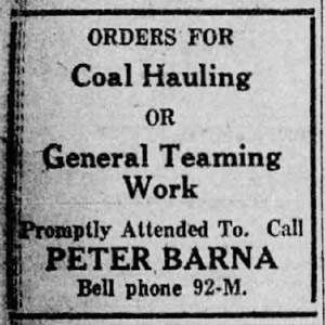 Peter Barna hauling ad, 1927