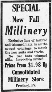 Consolidated Millinery Store, 1918 ad