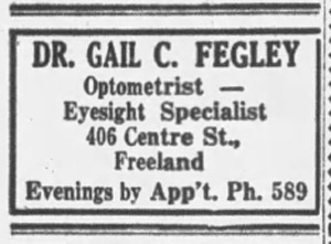 Dr. Gail Fegley, Optometrist, 1949 ad