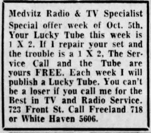 Medvitz Radio and TV repair, 1958 ad