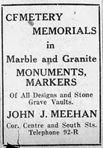 John J. Meehan, Cemetery Memorials ad, 1926