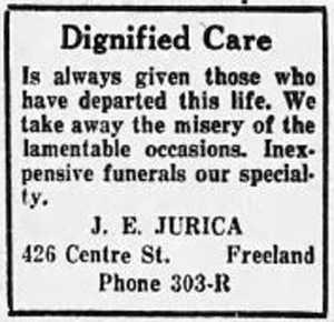 Jurica funeral home ad, 1927