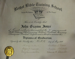 Rev. John Grayson Jones diploma, Bethel Bible Training School, 1924