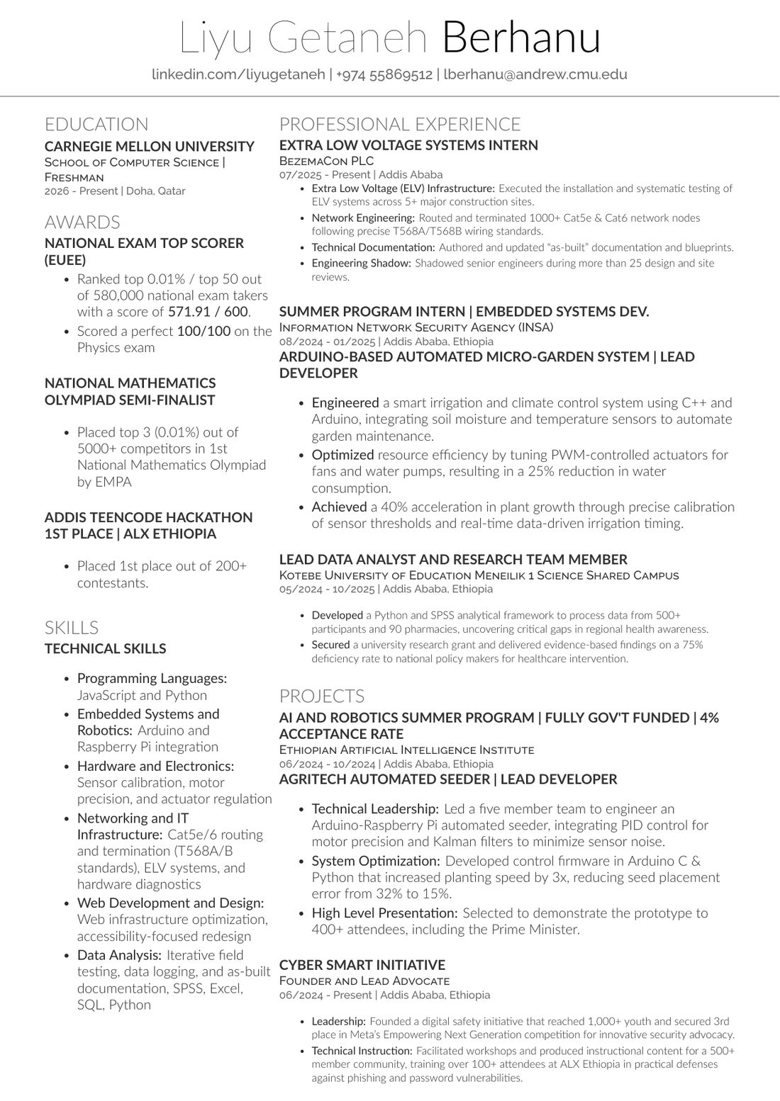Preview of the first page of Liyu Getaneh Berhanu’s résumé