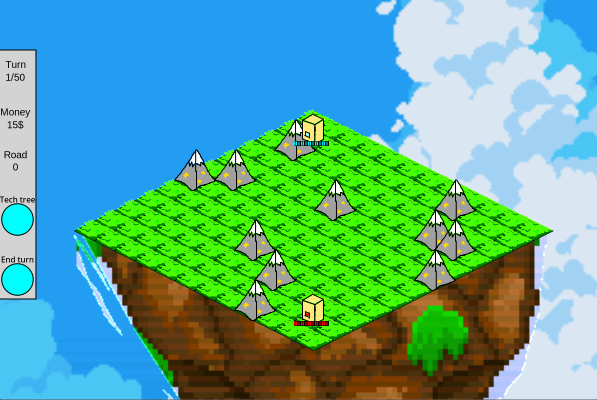 Roads Royale gameplay — a floating island map with units and roads