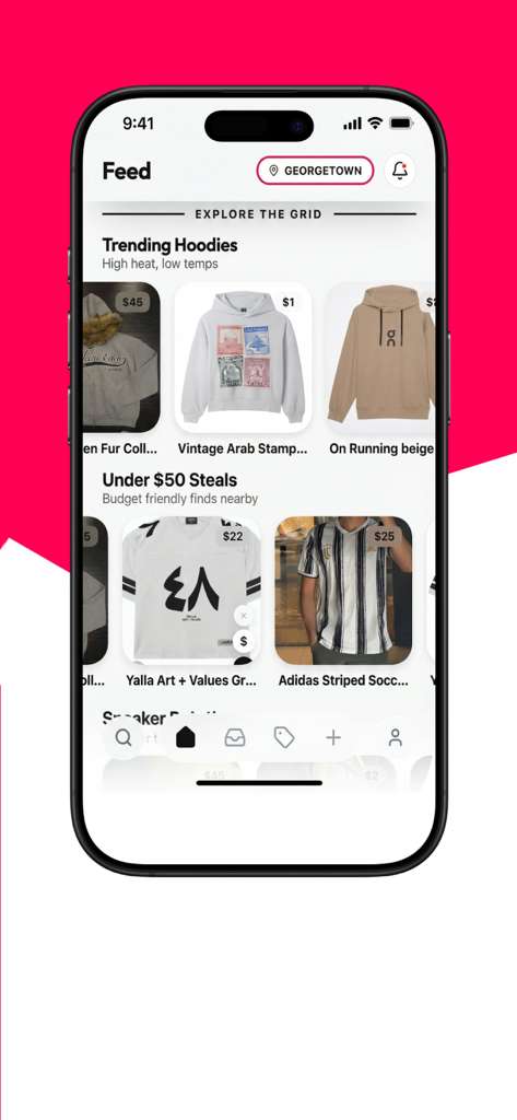 snag app feed screen showing campus clothing listings