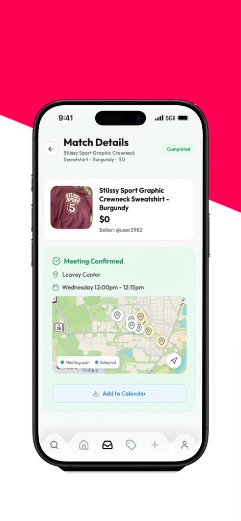 snag app match details screen with campus meetup map