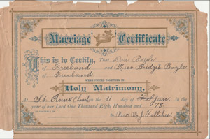 Daniel and Bridget Boyle marriage certificate