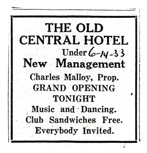 Central Hotel getting new management, 1933