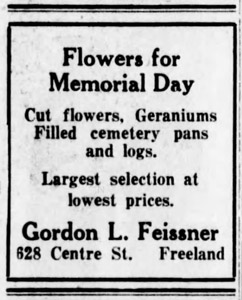 Feissner's Hardware ad, Memorial Day flowers, 1952