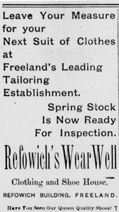 Refowich tailor and shoe shop, 1901 ad