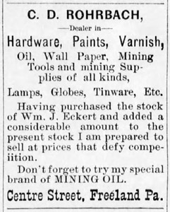 C. D. Rohrbach, new hardware store, 1890 ad