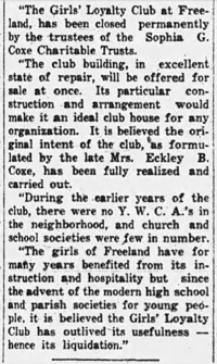 Girls Loyalty Club closed, 1935