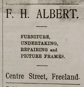 F. H. Albert, furniture, undertaking, 1894 ad