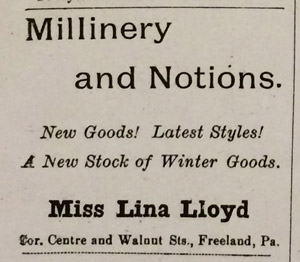 Miss Lina Lloyd, millinery and notions, 1894 ad