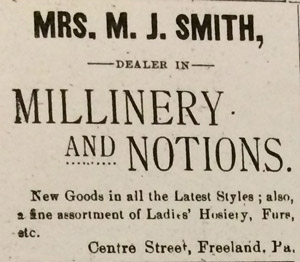 Mrs. M. J. Smith, millinery and notions, 1894 ad