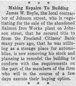 Repairing iron works building to sell it, 1930