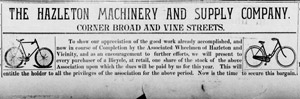 Hazleton Machinery and Supply Co., 1898 bicycle ad