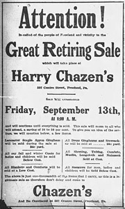 Harry Chazen's retirement ad, 1918
