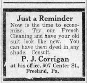 Corrigan Dry Cleaning ad, 1922