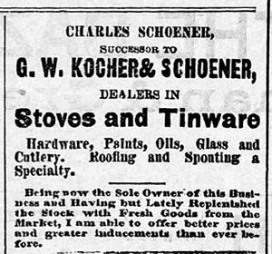 Charles Schoener, stoves and tinware, hardware, 1888 ad
