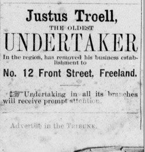 Justus Troell, undertaker, 1889 ad